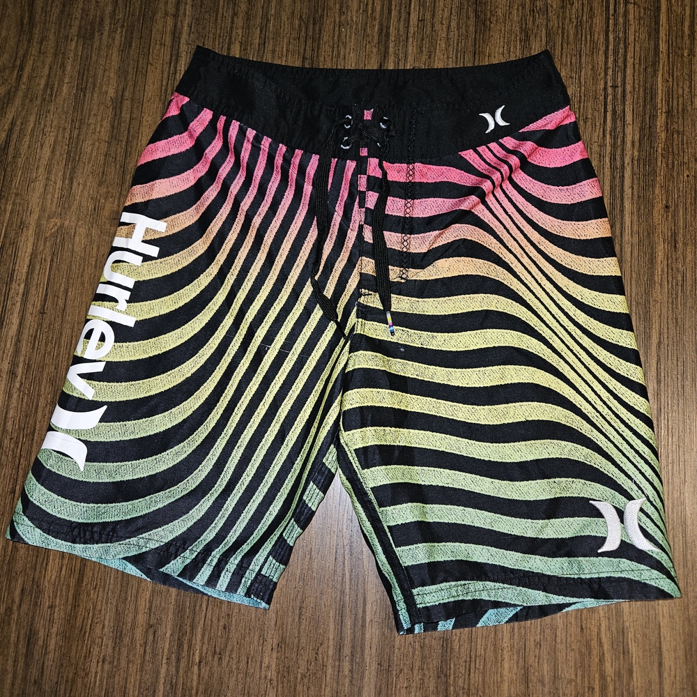 Hurley Kids Black and Neon Striped Swim Trunks Size 10